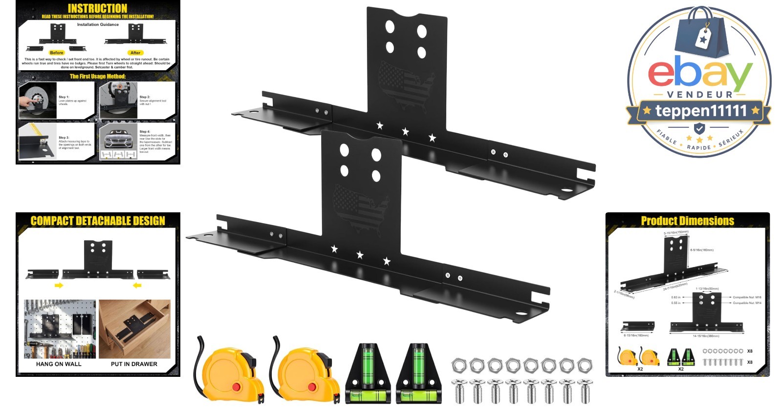 Wheel Alignment Tool Kit, Heavy Duty Toe Alignment Plates, Steel