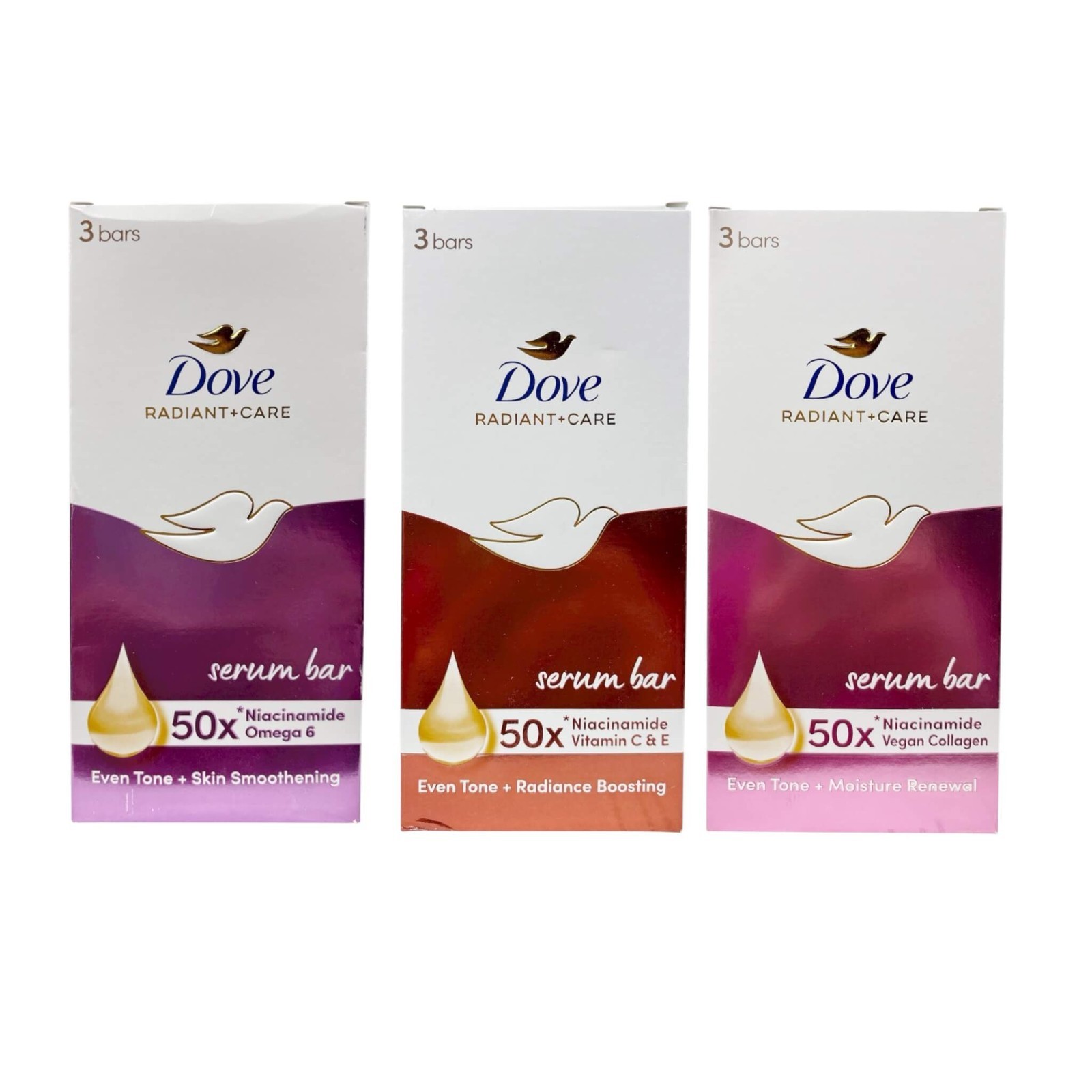 DOVE Radiant+Care Serum Bar 3x90g – Niacinamide, Vegan Collagen & Omega 6