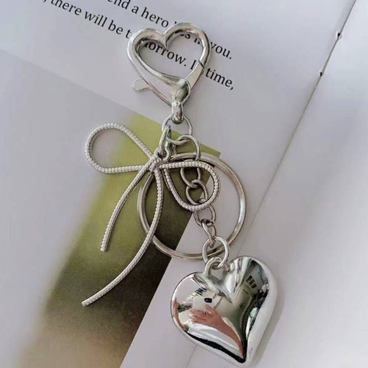 Silver Heart Bow Bag Charm Keychain Key Ring