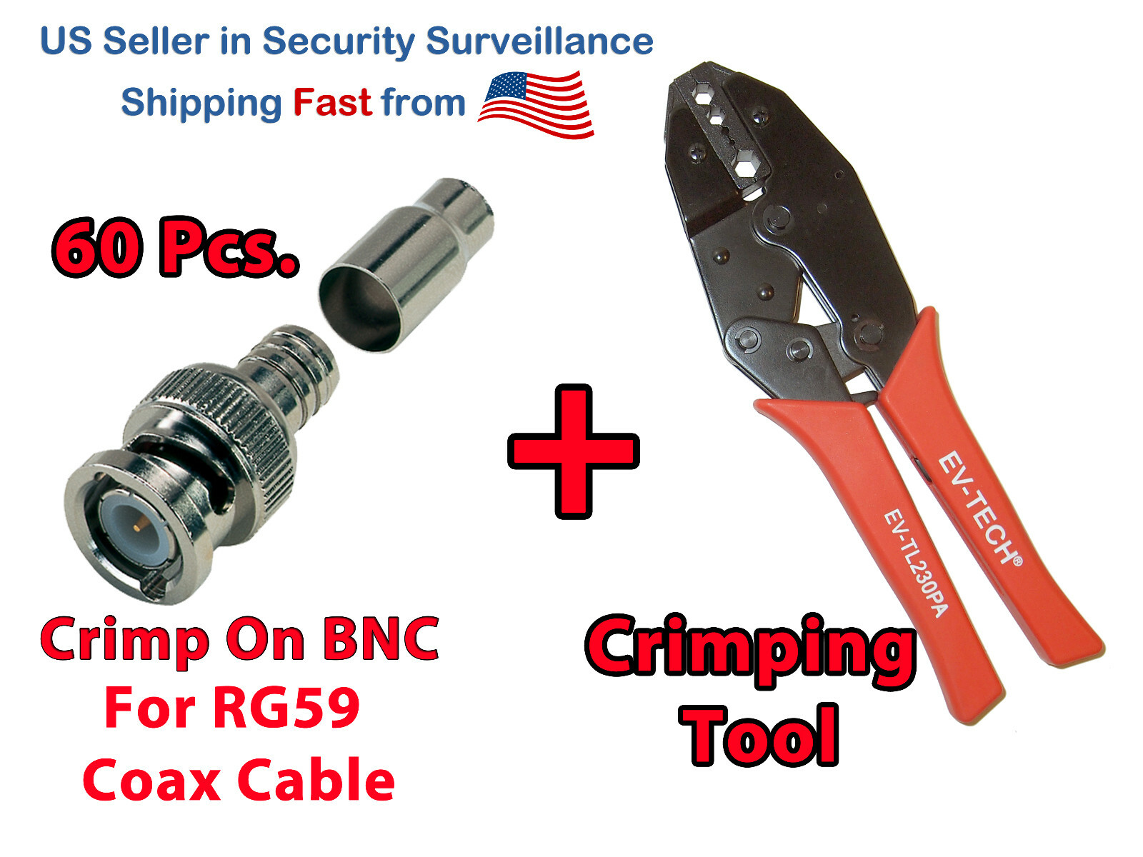 60 pcs Male Connector Crimp On Type BNC Siamese RG59 Cable + 1 pc Crimping  Tool