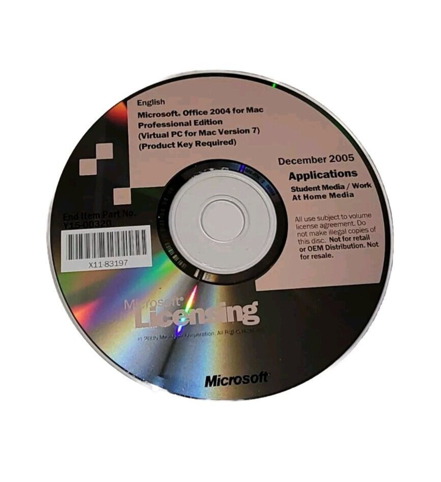 Microsoft Licensing Office Mac Pro SP2 Disk Kit CD PN: Y15-00320 & Product Key