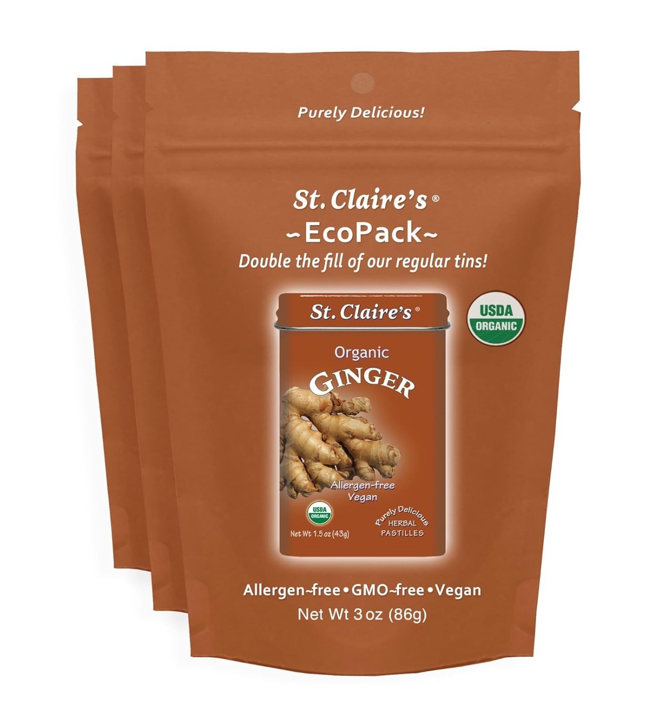 St. Claire’s Organic Ginger Pastilles – 3-Pack EcoPack, 3 oz Each | Certified