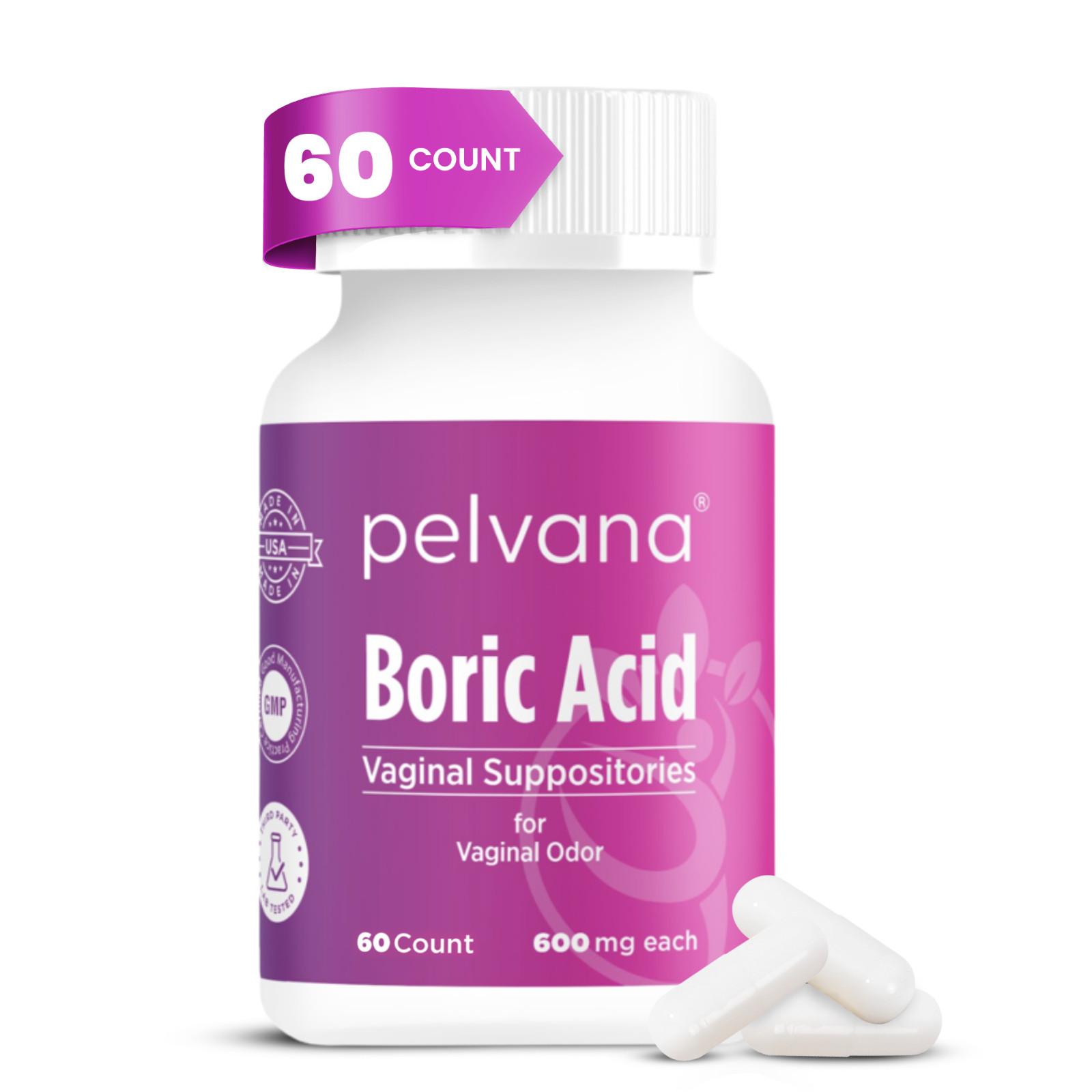 Pelvana Boric Acid Suppositories for Women 60 Count for Vaginal Odor