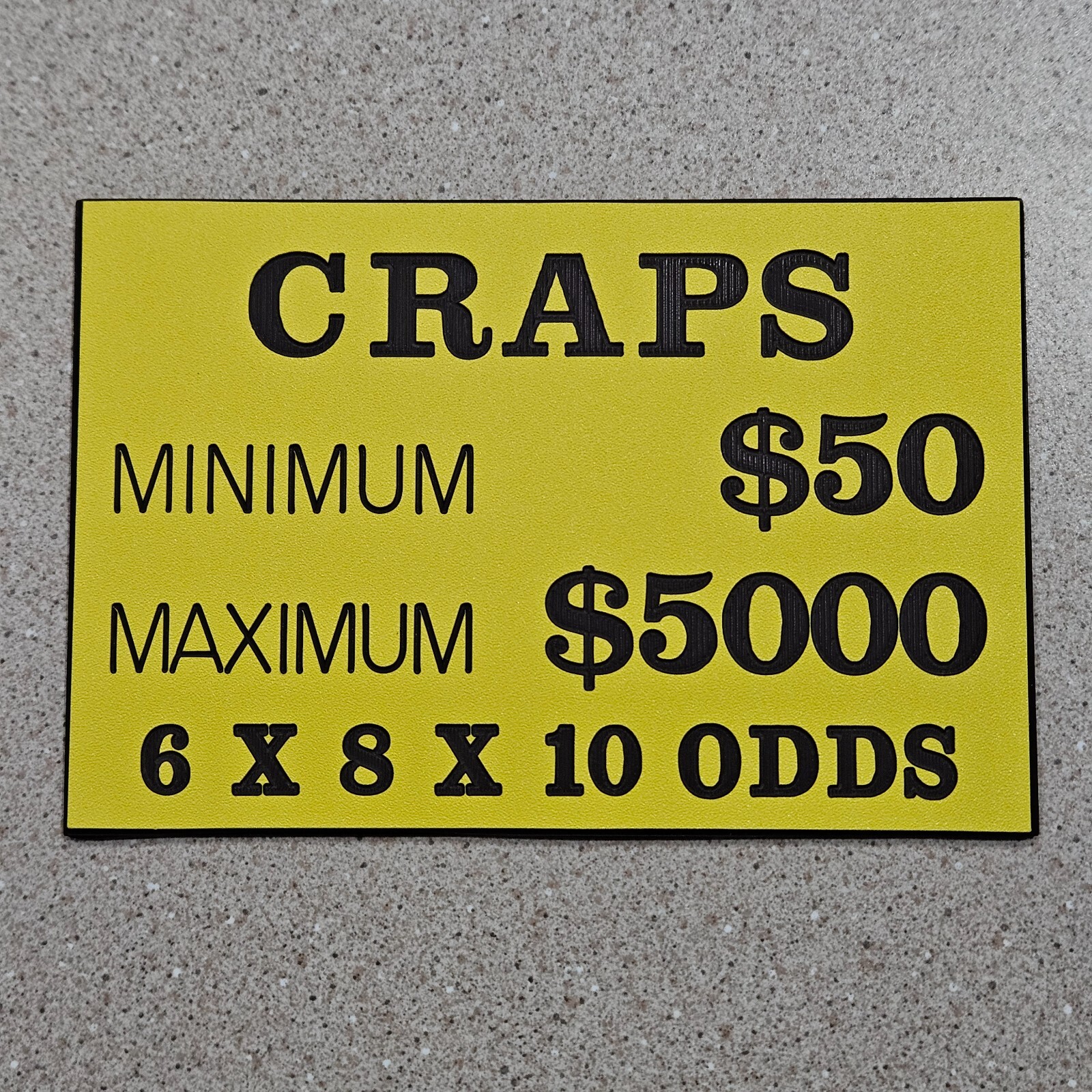 Vintage Craps Yellow Table Minimum Maximum Rule Plastic Casino Table Sign Plaque