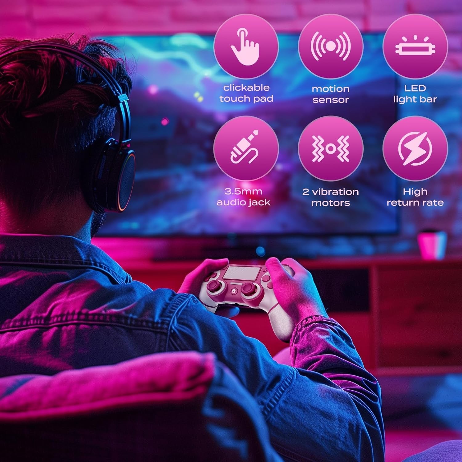 Dual Vibration Wireless Controller for PS4/Pro/Slim - Pink with 3.5mm Audio Jack