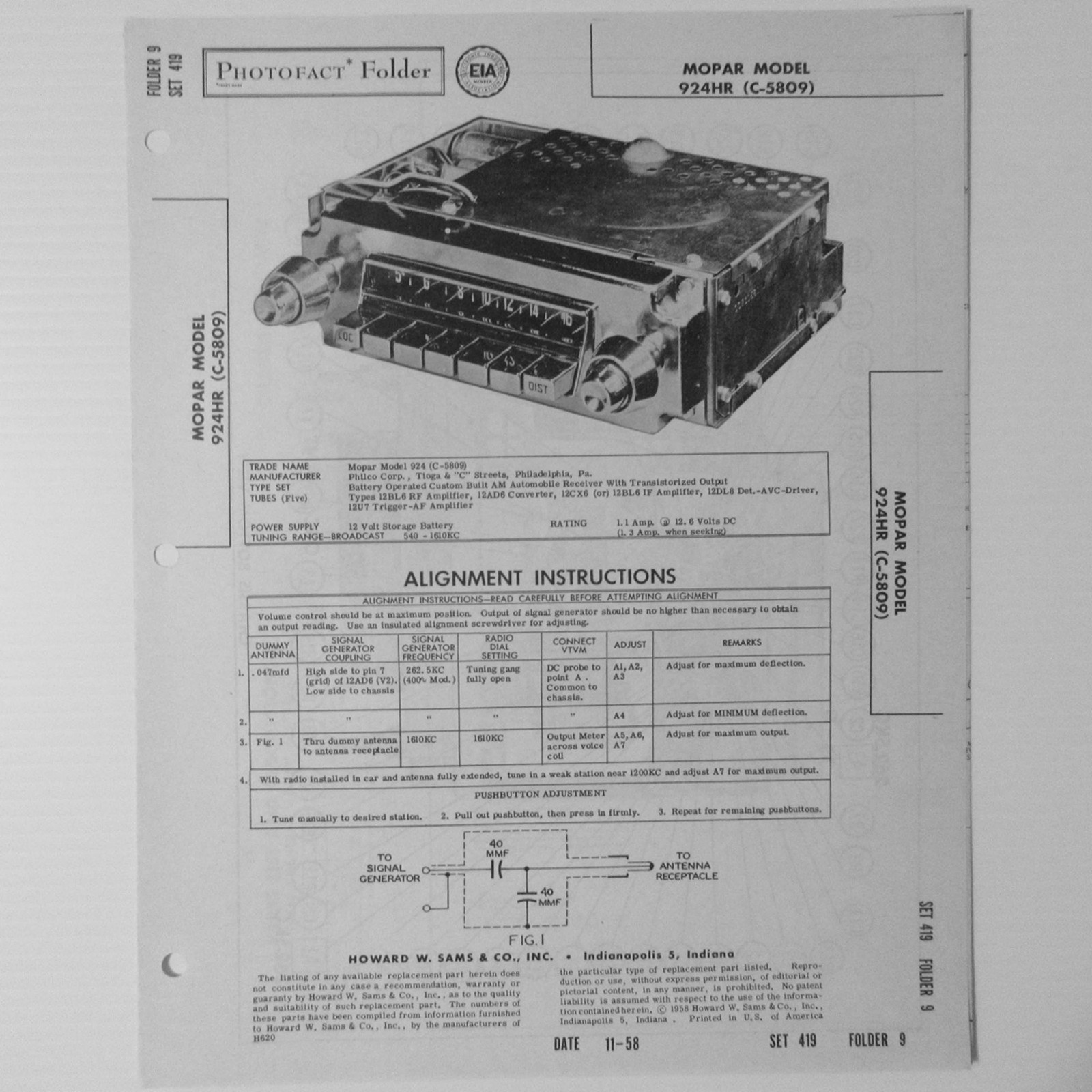 Mopar Model 924HR C-5809 AM Auto Car Radio SAMS Photofact ™ 1958 New