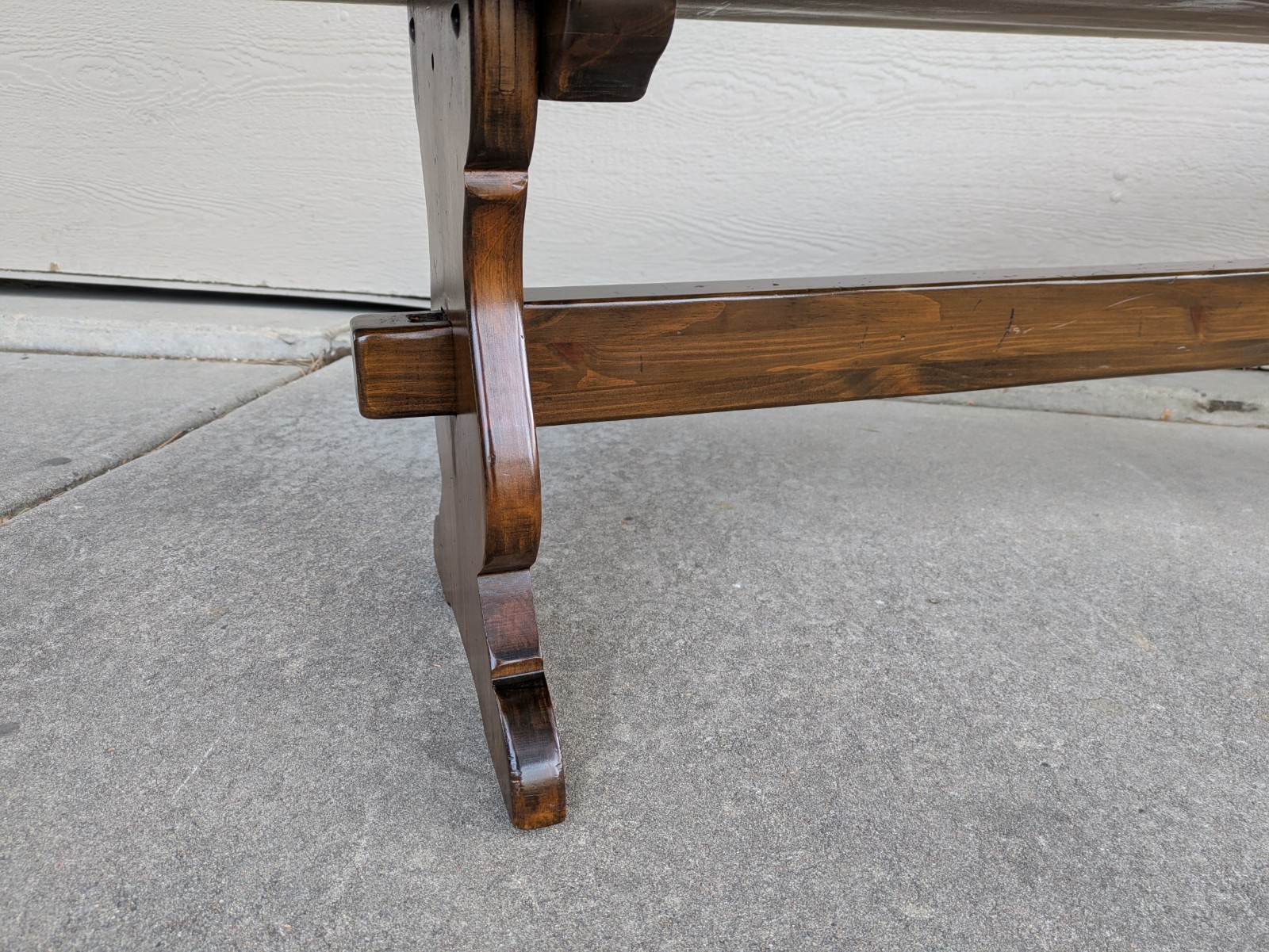 Vintage Ethan Allen Old Tavern Rustic Antiqued Pine Wood Trestle Bench
