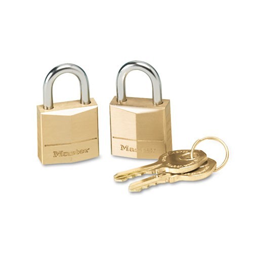 Master Lock Three-Pin Brass Tumbler Locks, 0.75" Wide, 2 Locks and 2 Keys, 2/PK