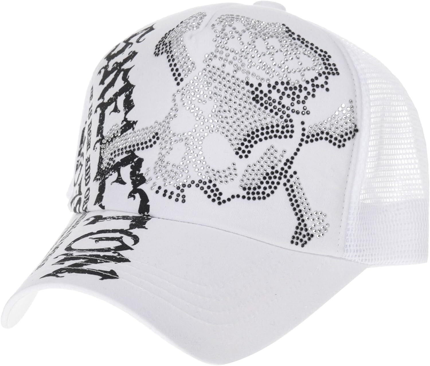 WITHMOONS Meshed Baseball Cap Skull Rhinestones Trucker Hat One Size, White