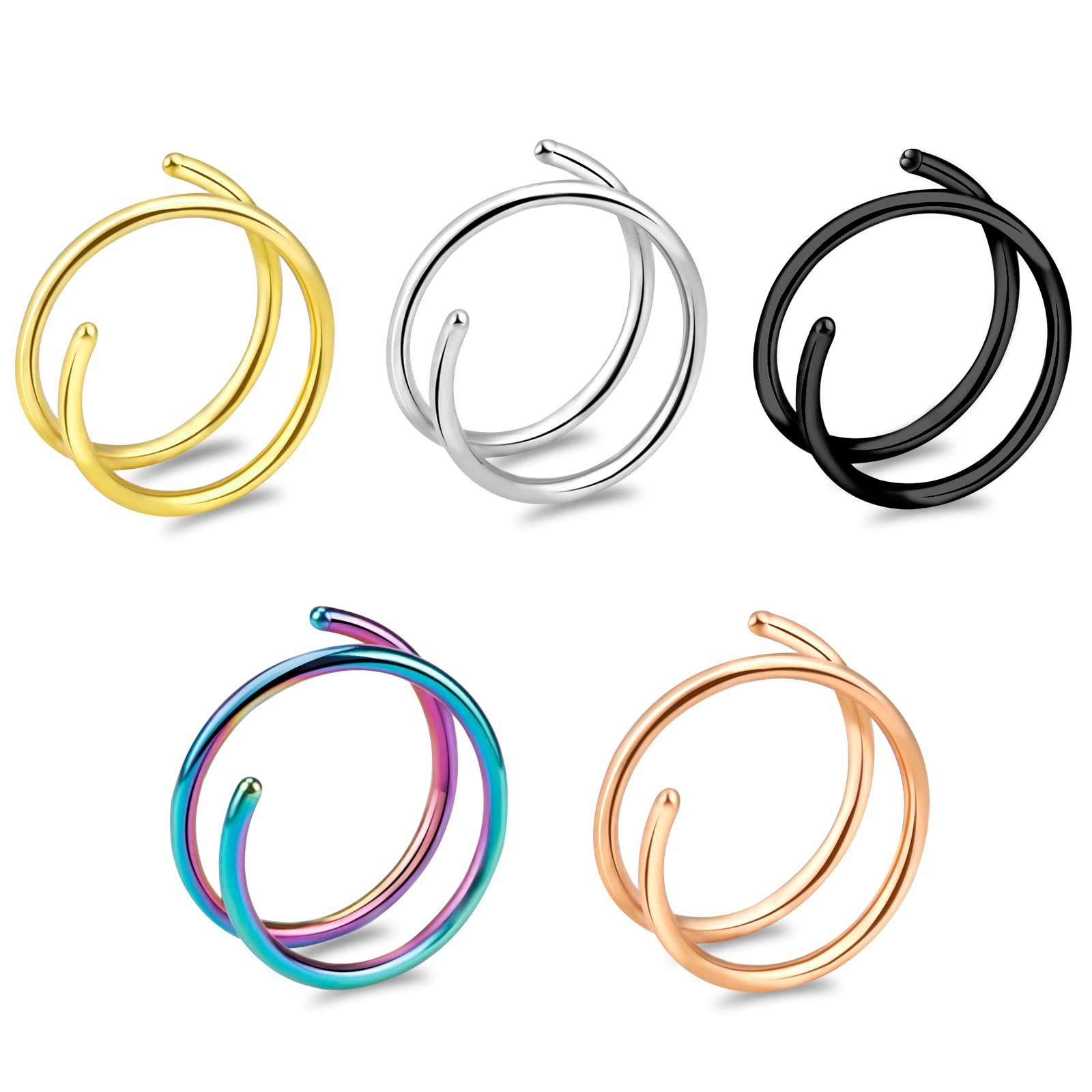 ONESING 5 Pcs 20G Double Hoop Nose Ring for 8mm x 0.315 inches, 5 color
