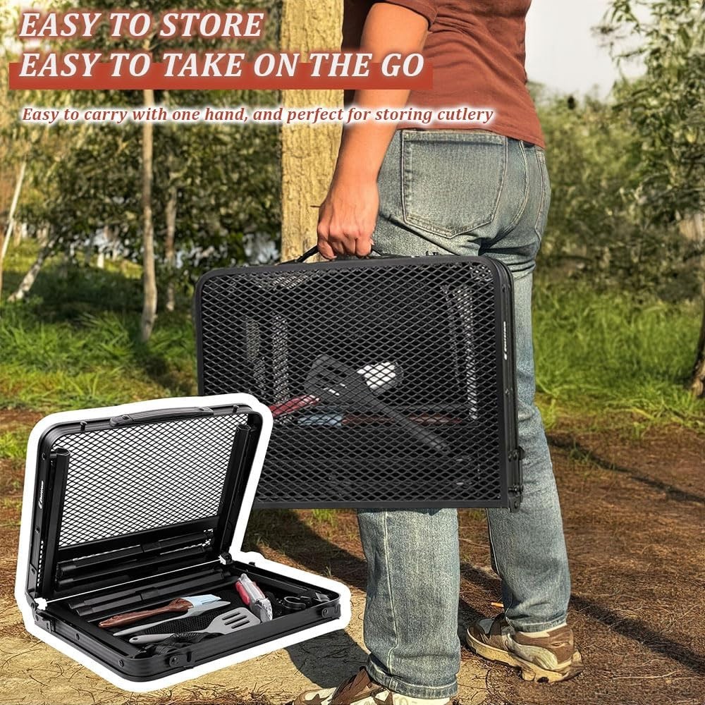 4FT 3-Fold Camping Table with Mesh Desktop Adjustable Height BBQ Grill Table