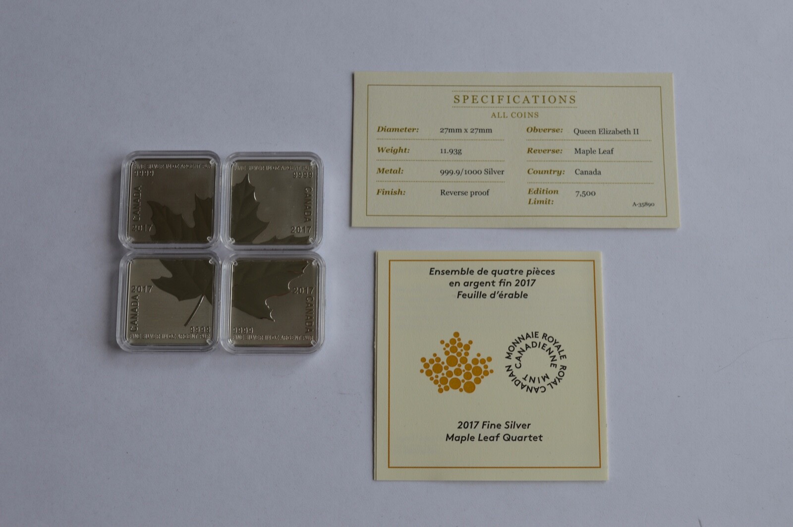 2017 Canada Maple Leaf Quarter Fine Silver BOX + COA 4 Coins/Bars