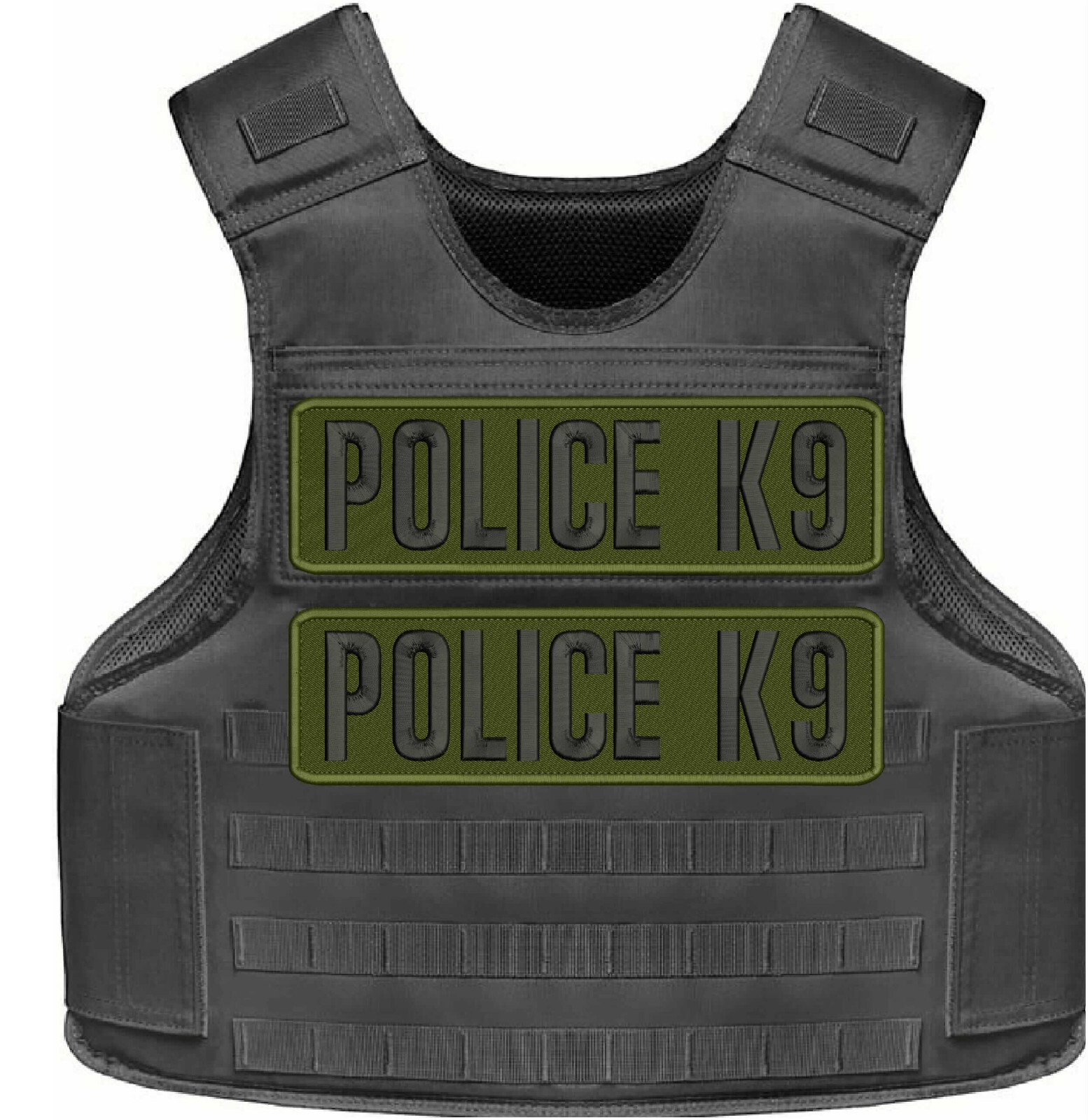 POLICE K9 2 EMBROIDERY PATCHES 3X11 VELCR@ ON BACK BLACK ON OD GREEN