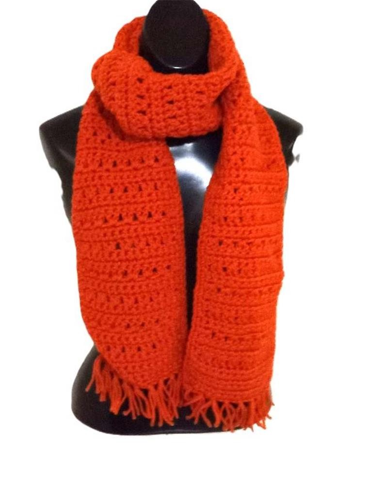 Hand Crochet Pumpkin Orange Long Scarf w/Fringe #107 (62x7) NEW