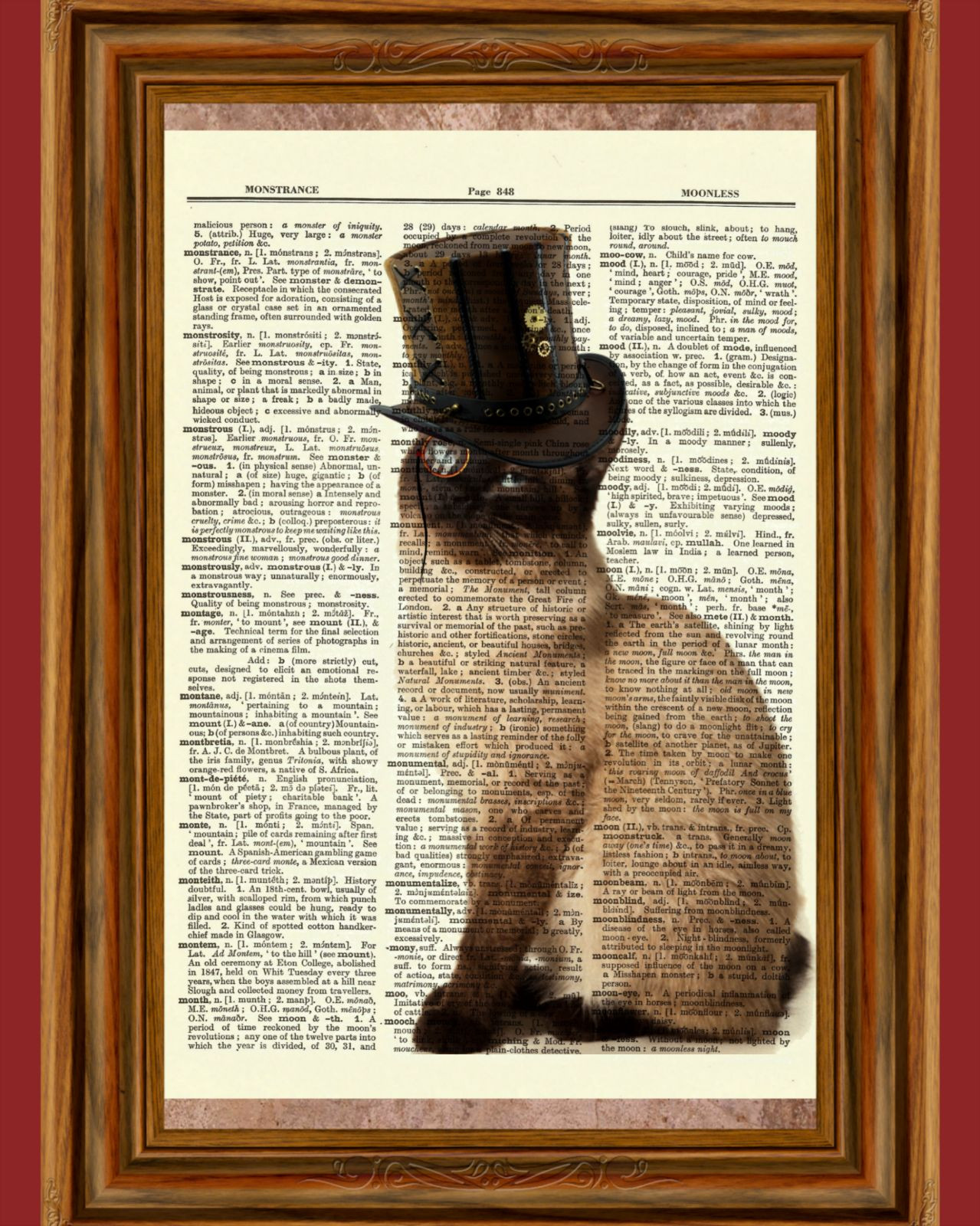 Steampunk Siamese Cat w/ Monocle & Hat Dictionary Art Print Poster Picture OOAK