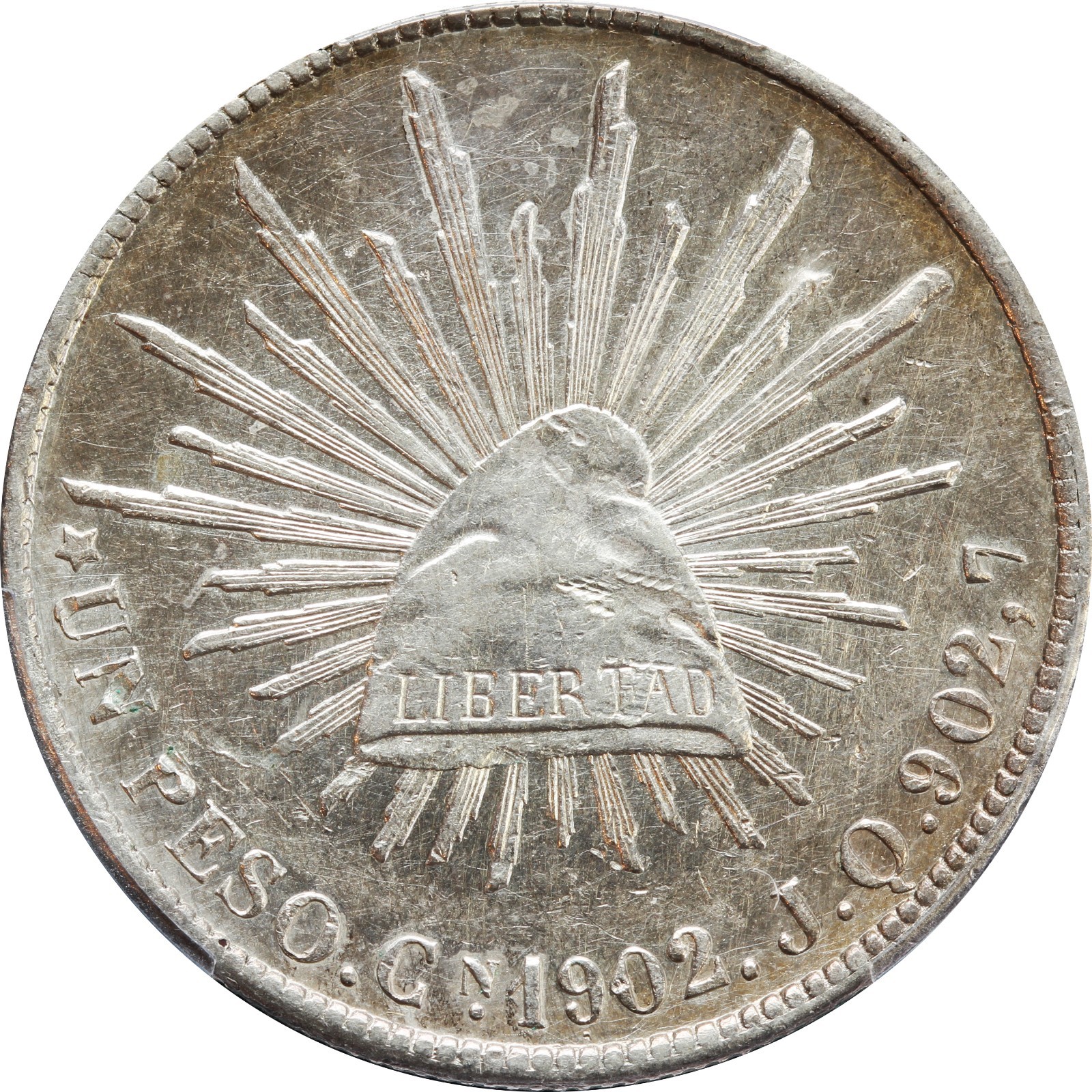 Mexico 1 Peso Cn 1902 J.Q. Culiacan, PCGS AU Details, Cleaned. KM# 409