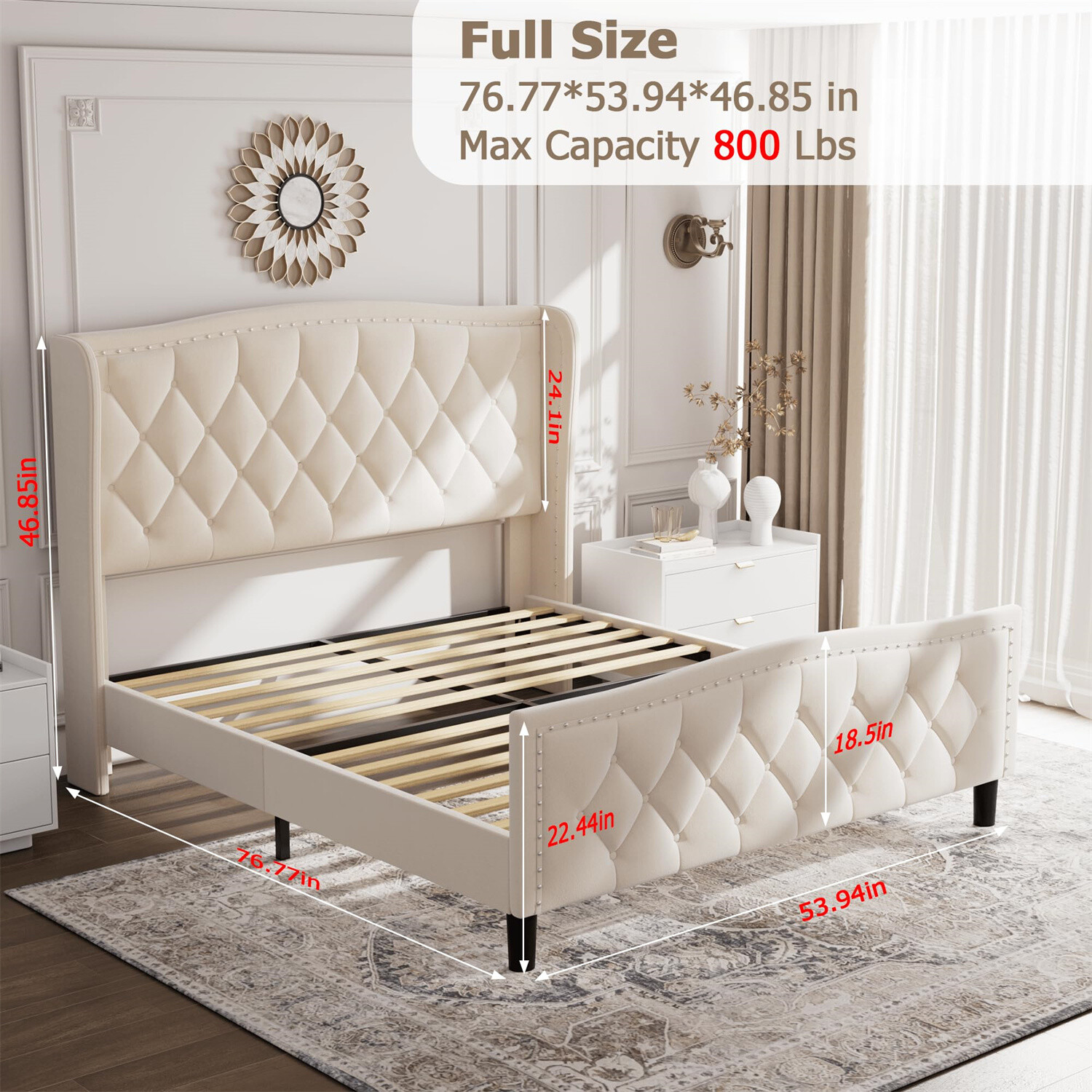 ⏯Full/Queen Bed Frame Velvet Upholstered Platform W/Wing Side Headboard Sturdy