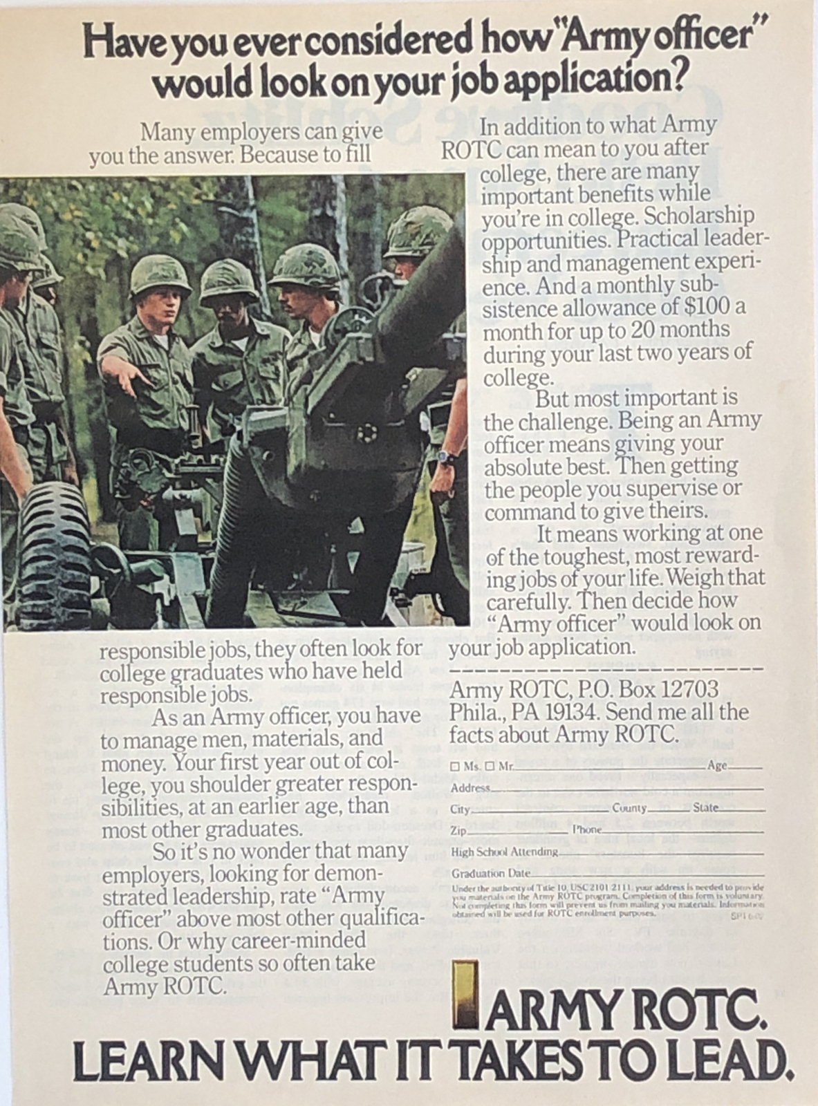 1976 US Army ROTC Military PRINT AD Army Officer Job Application VTG 1970s