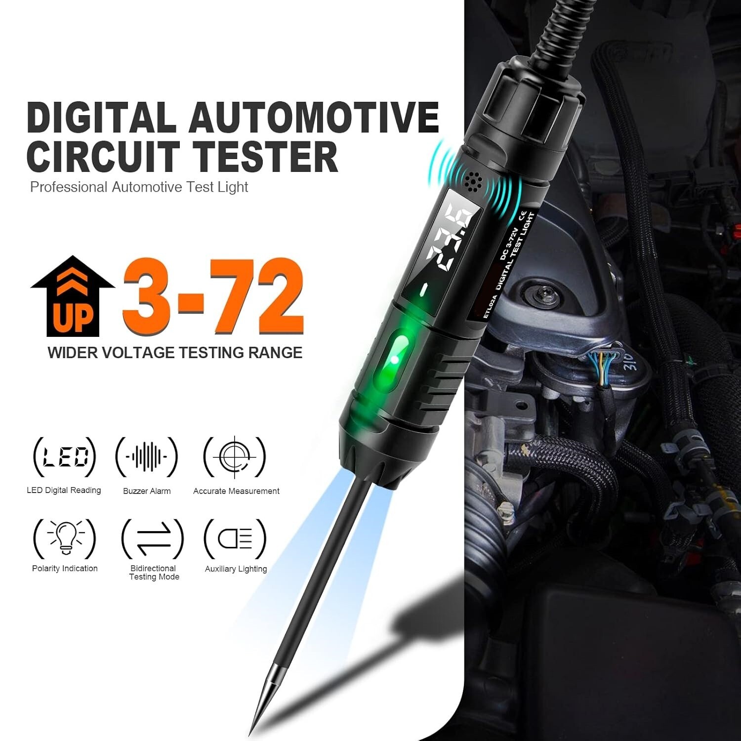 Probador De Circuito Led Automotriz Digital Actualizado De 3-72 V Luz De Prueba
