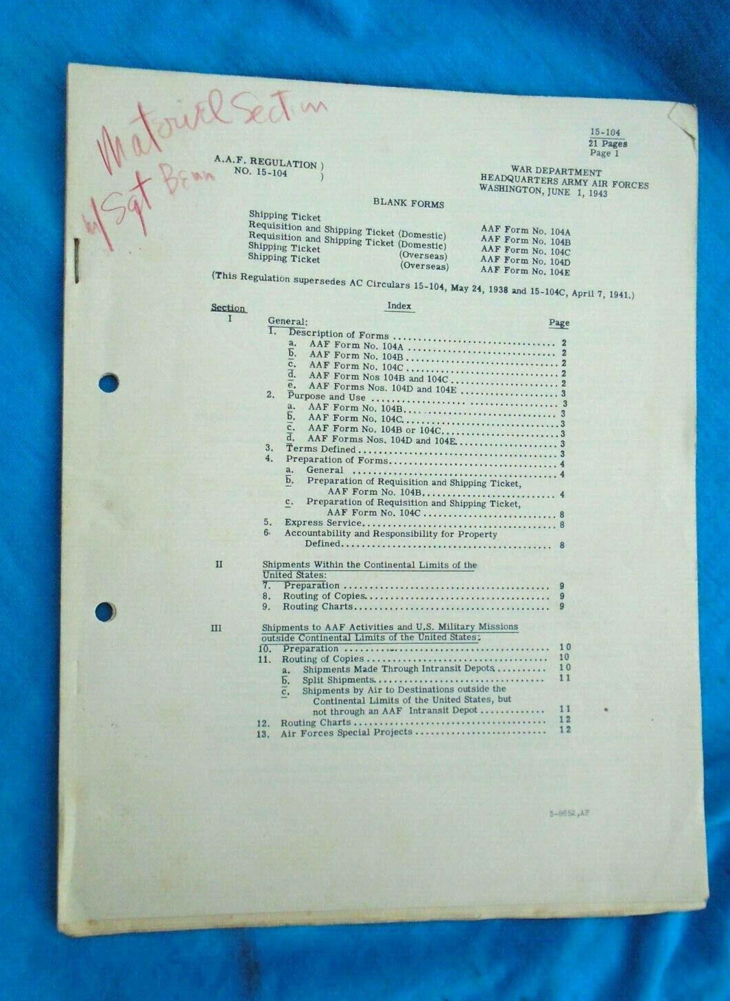 Army Air Forces 1943, Regulation No 15-104, Blank Forms