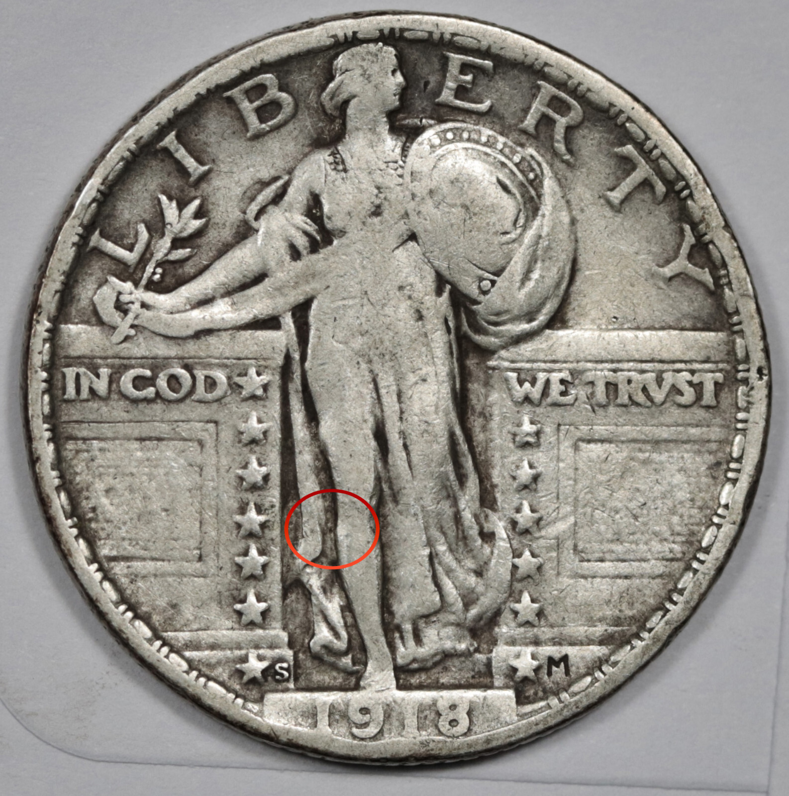 1918-s Standing Liberty Quarter.  Error.  Clashed "E".  F-VF.  206011