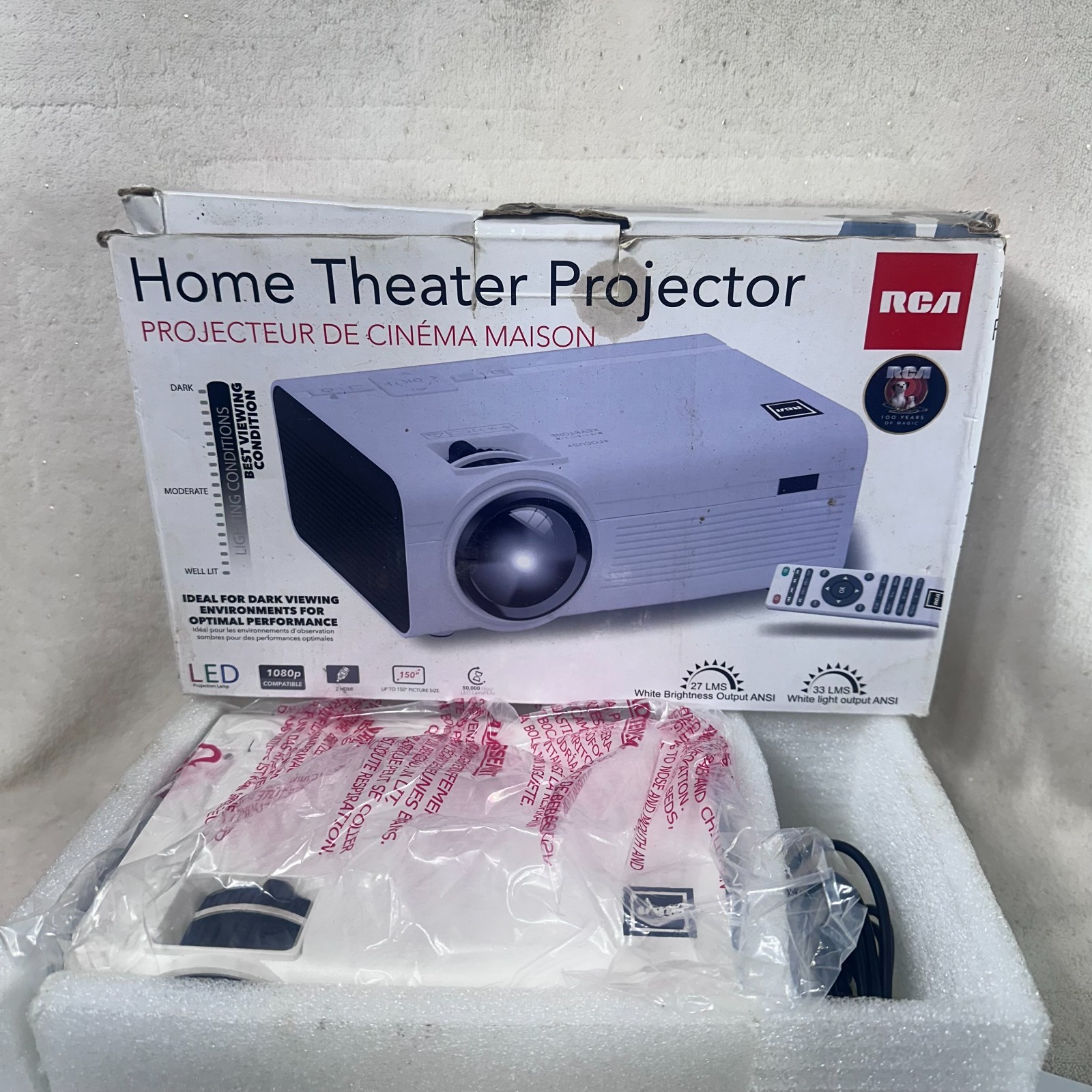 RCA RPJ136 Projector 2200 Lumens 1080p HDMI VGA w Remote No Power Cord