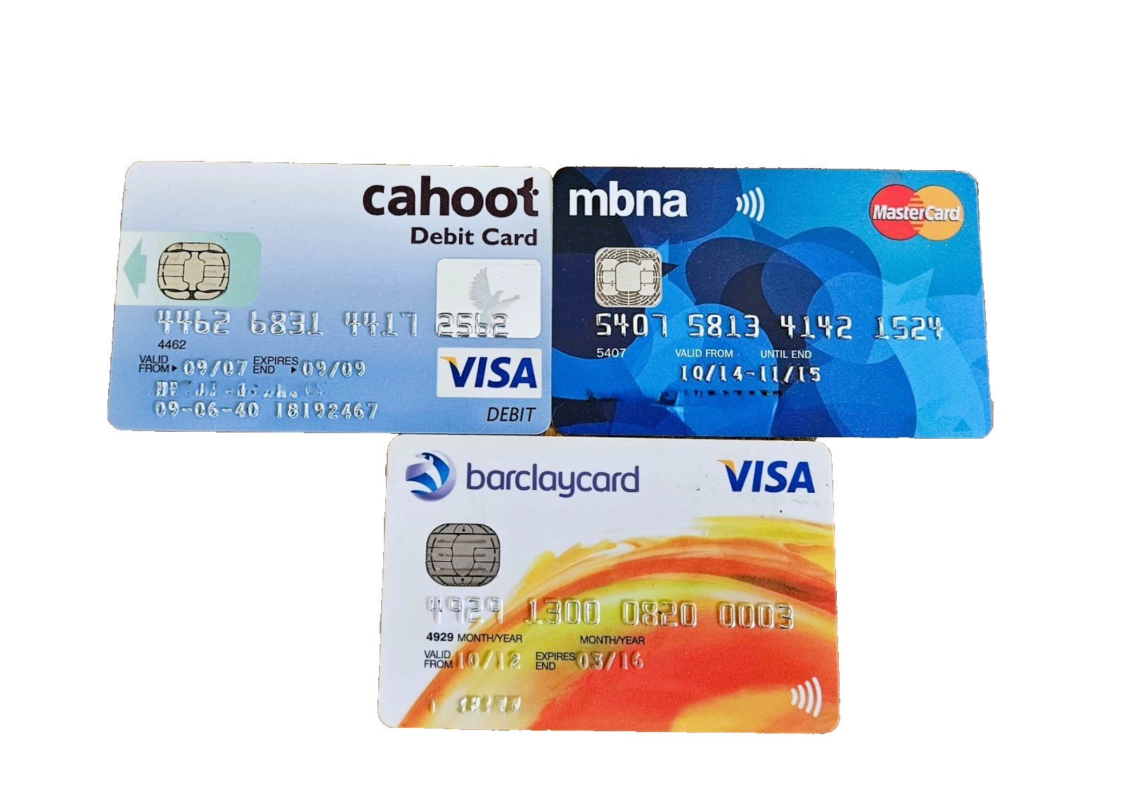 Old Bank Credit Debit Mastercard Visa Cahoot MBNA Barclay Card Chip PIN Strip UK