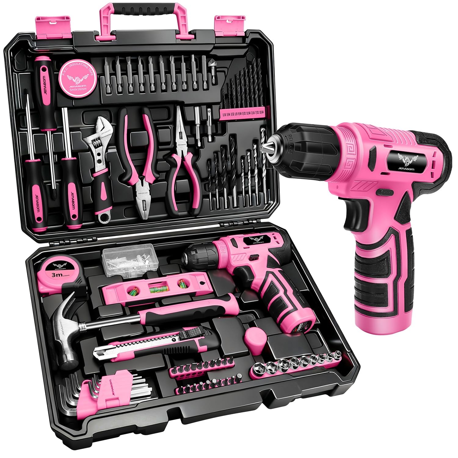 JENABOM 127-Piece Home Tool Set with 8V Pink Cordless Drill Light