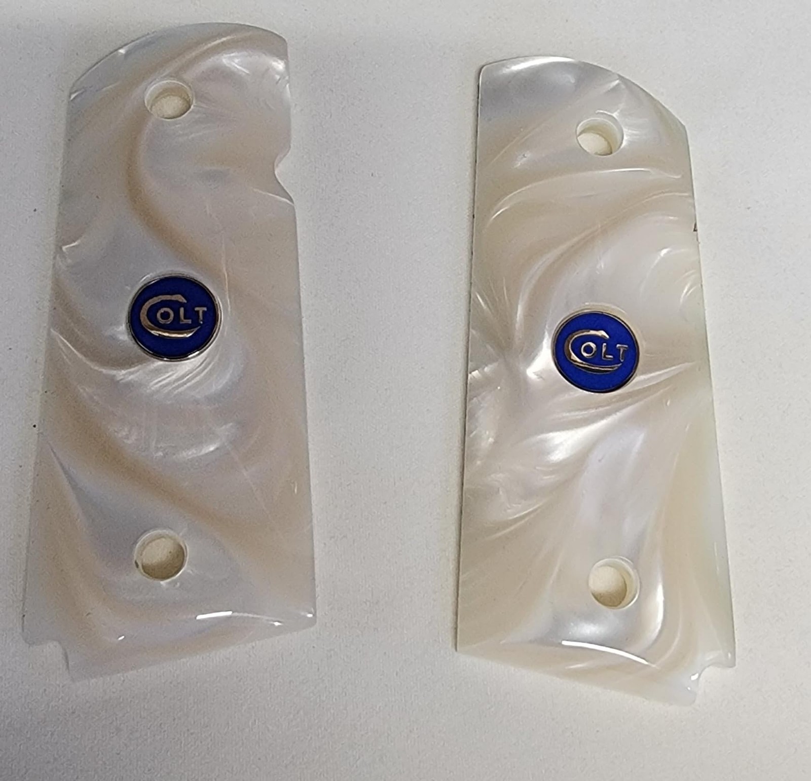 Colt 1911 Officer Gun Grips Acrylic Pearl White w/Blue Medallions
