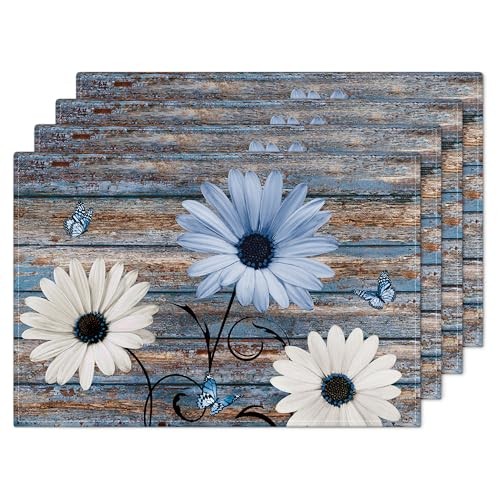 Daisy Flower Placemats Washable, Linen Rectangular Place Mats 12x18 Inch Blue