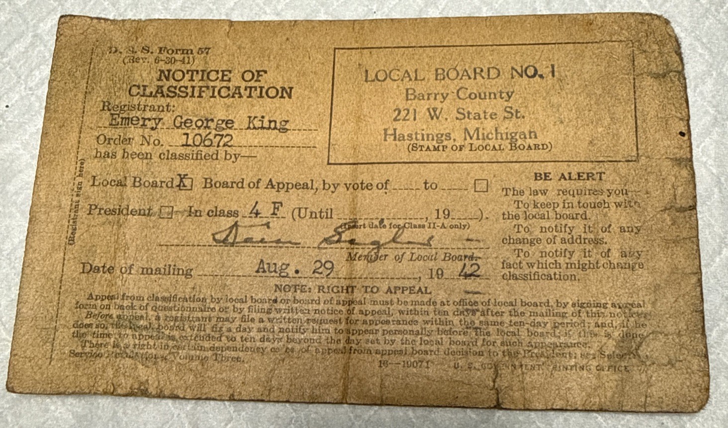 1942 Local Board Barry County Hastings MI Notice Of Classification Card
