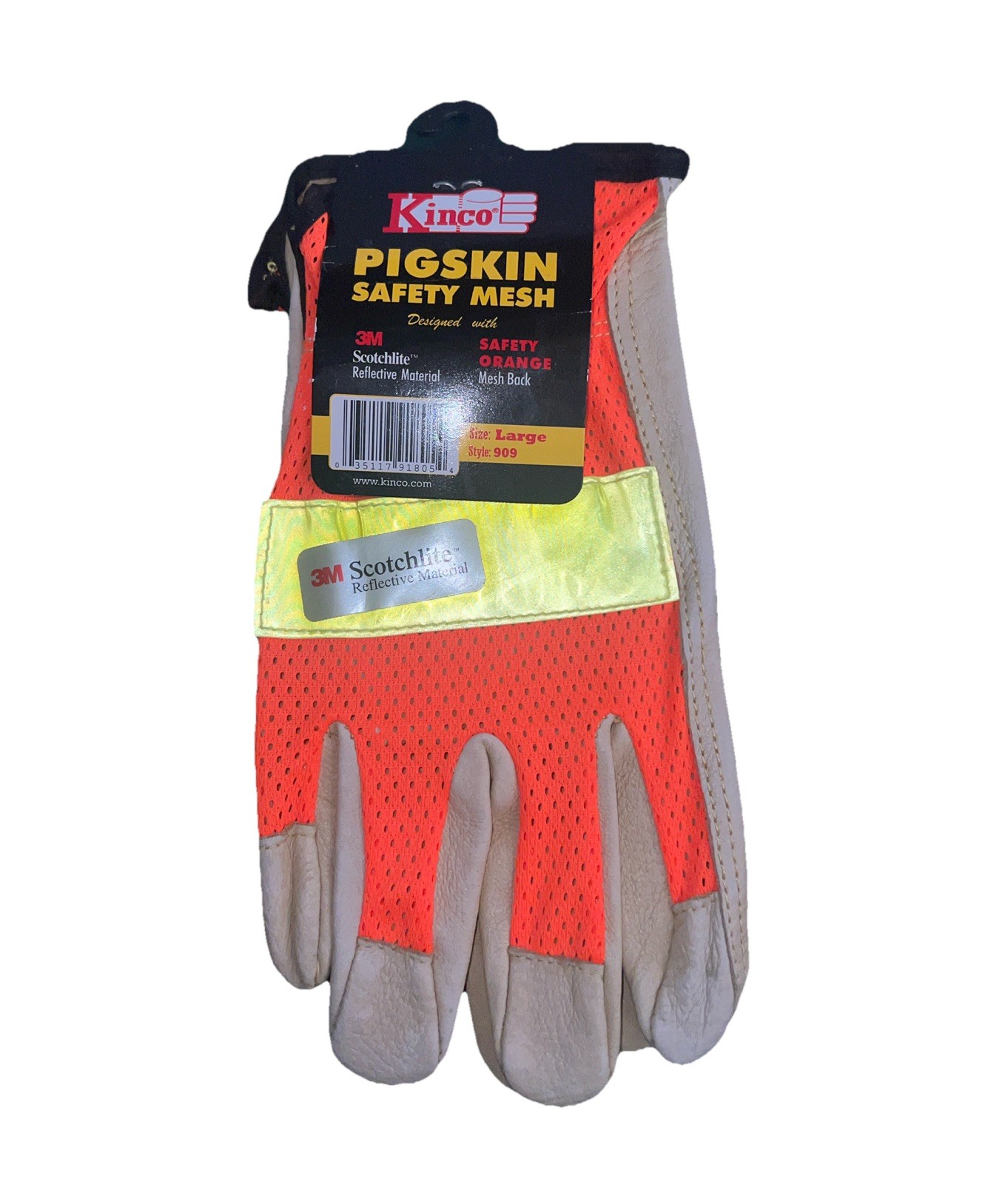 Kinko 909 NWT Sz L,Unlined Pigskin Safety Mesh Glove, Scotchlite Reflective Mat
