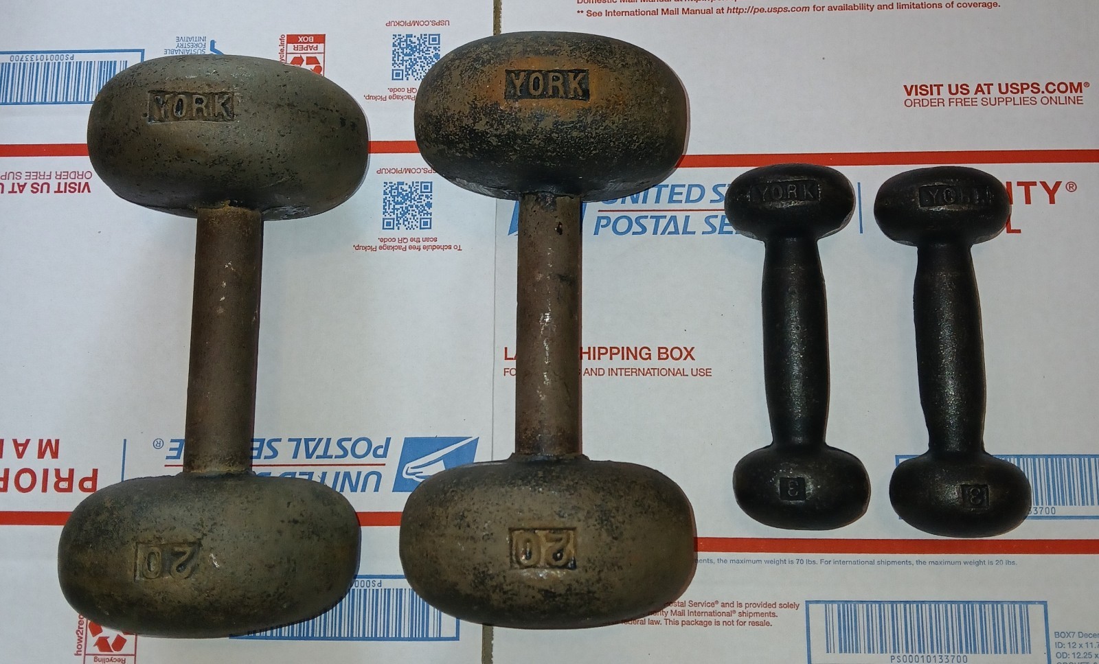 YORK Barbell Dumbbell Bun Vintage Pairs of 20 lbs & 3 lbs Total 46 LBS