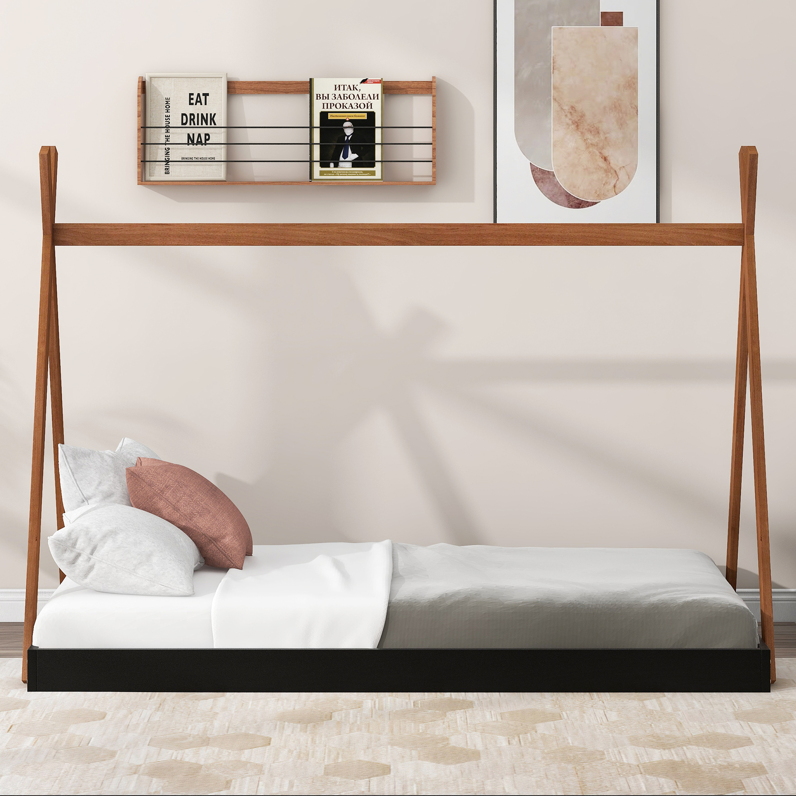 Twin Size Floor Bed Solid Wood House Bed Kid Tent Bed w/ Triangle Structure