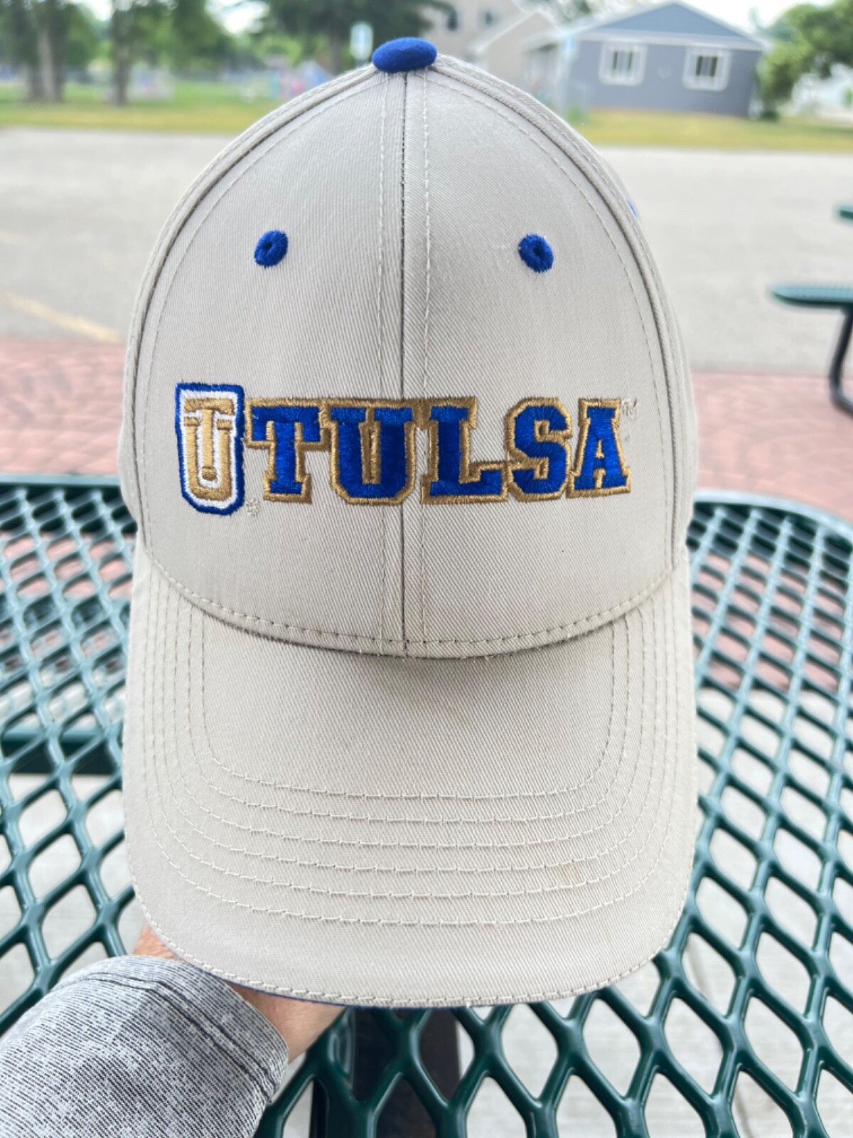 TU Interlock letters Tulsa University Ivory w Purple Gold Hat Cap Hook Loop EUC