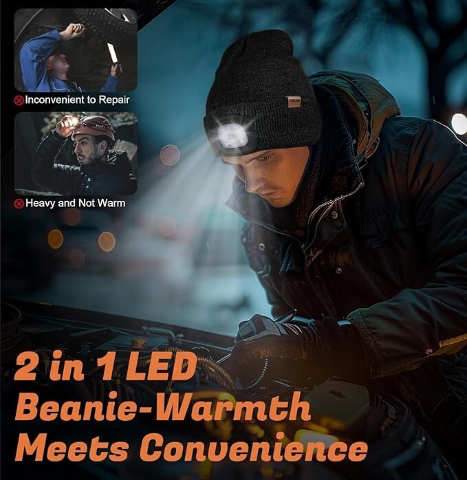 Fleece Lined Beanie Headlamp Hat with Light, Rechargeable LED Winter Cap Black