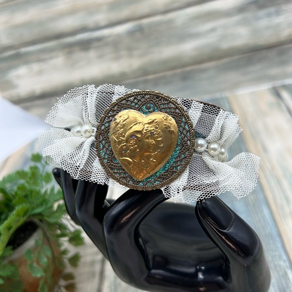 Adorned Crown Jewelry artisan assemblage leather lace lady heart cuff #3
