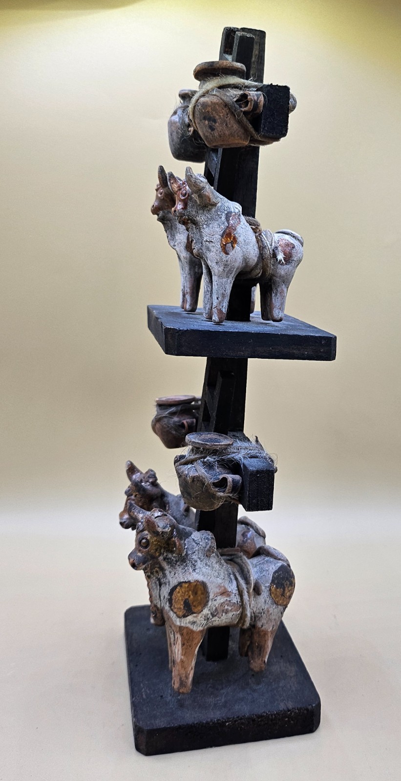 Toritos Bulls de Pucara Ceramic Peruvian Amulet Terra-Cotta & Wood 11" Tall
