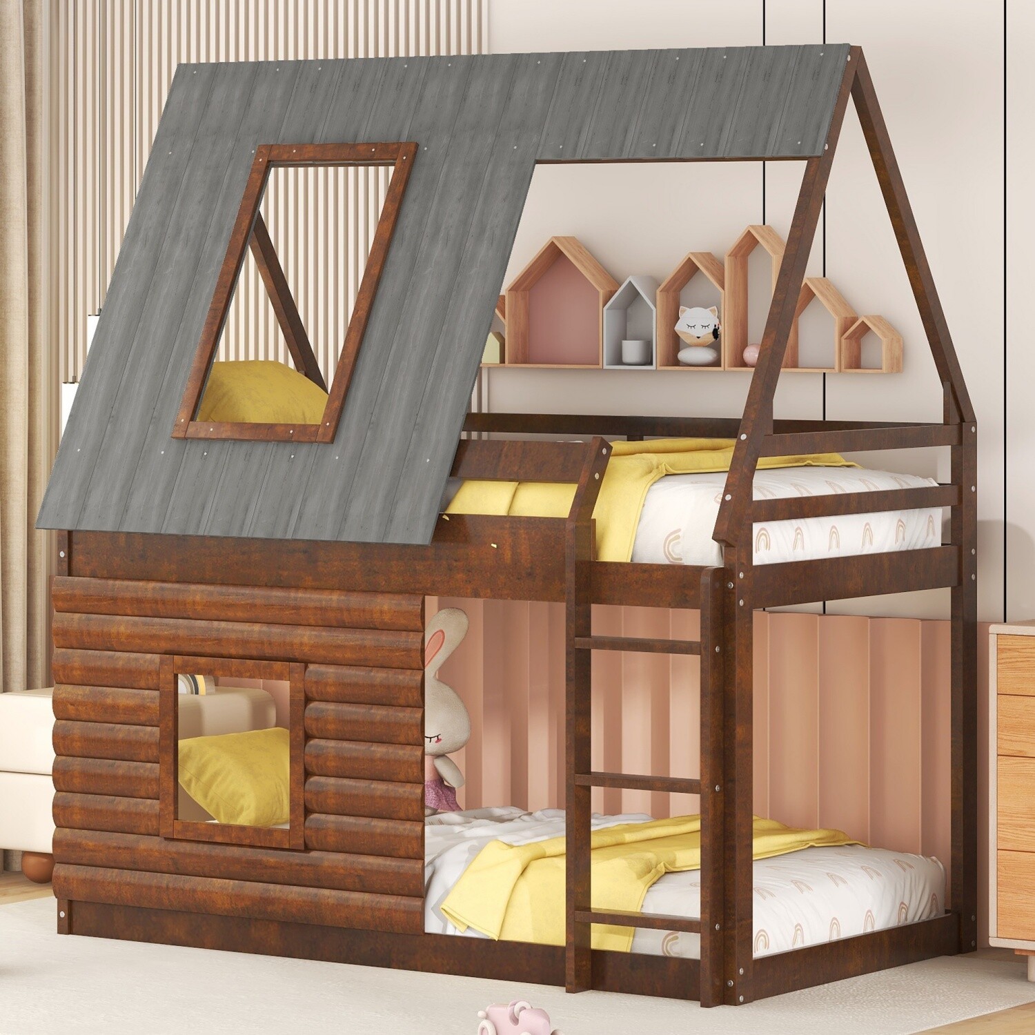 Twin Over Twin Bunk Bed Wood Bunk Bed Frame with Ladder & Roof Oak & Smoky Grey