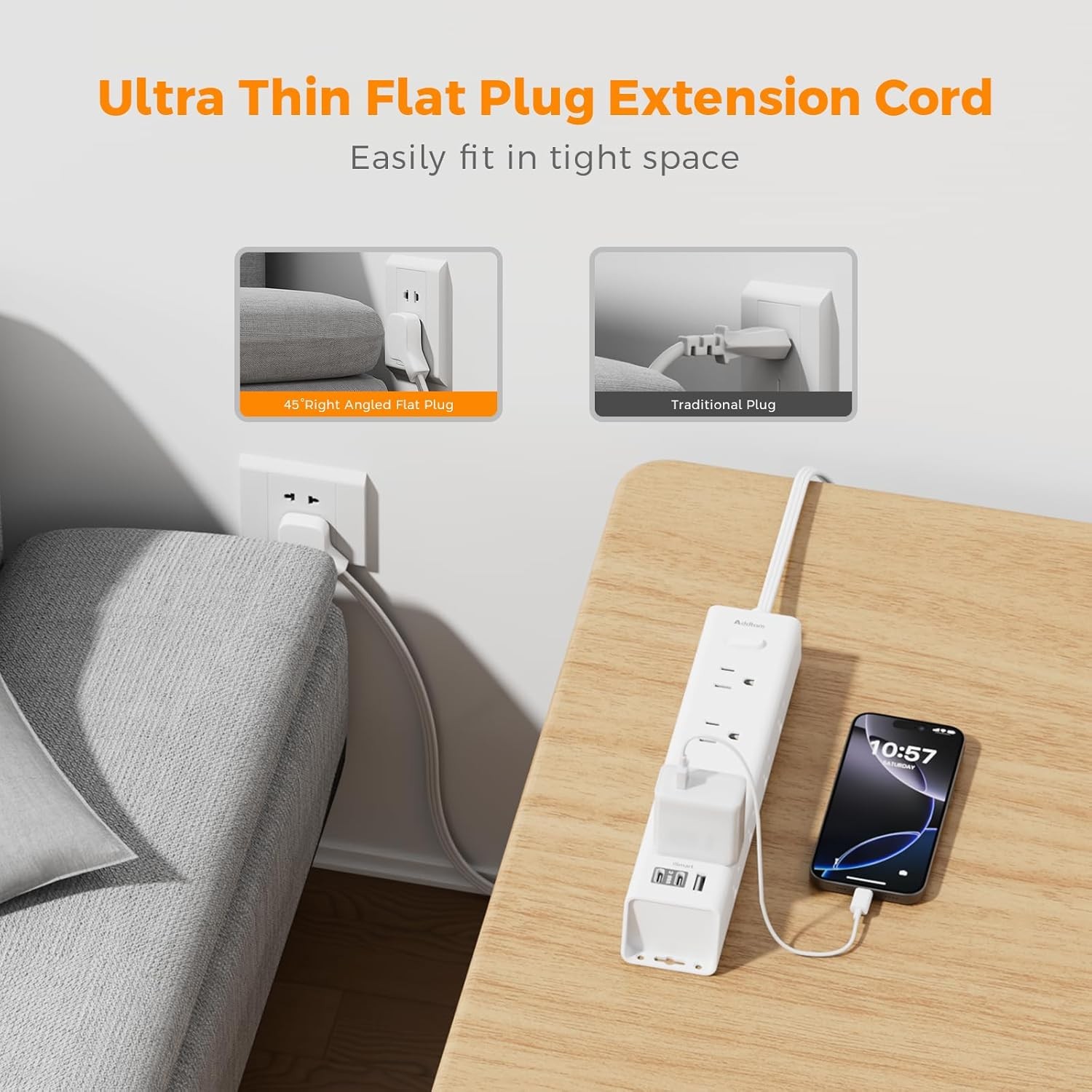 15Ft Extension Cord with Multiple Outlets, Addtam Flat Plug Power Strip Surge Pr