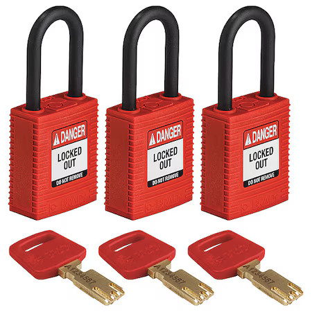 Brady Nyl-Red-38Pl-Ka3pk Lockout Padlock, Keyed Alike, Nylon, Red, 1 1/2 In