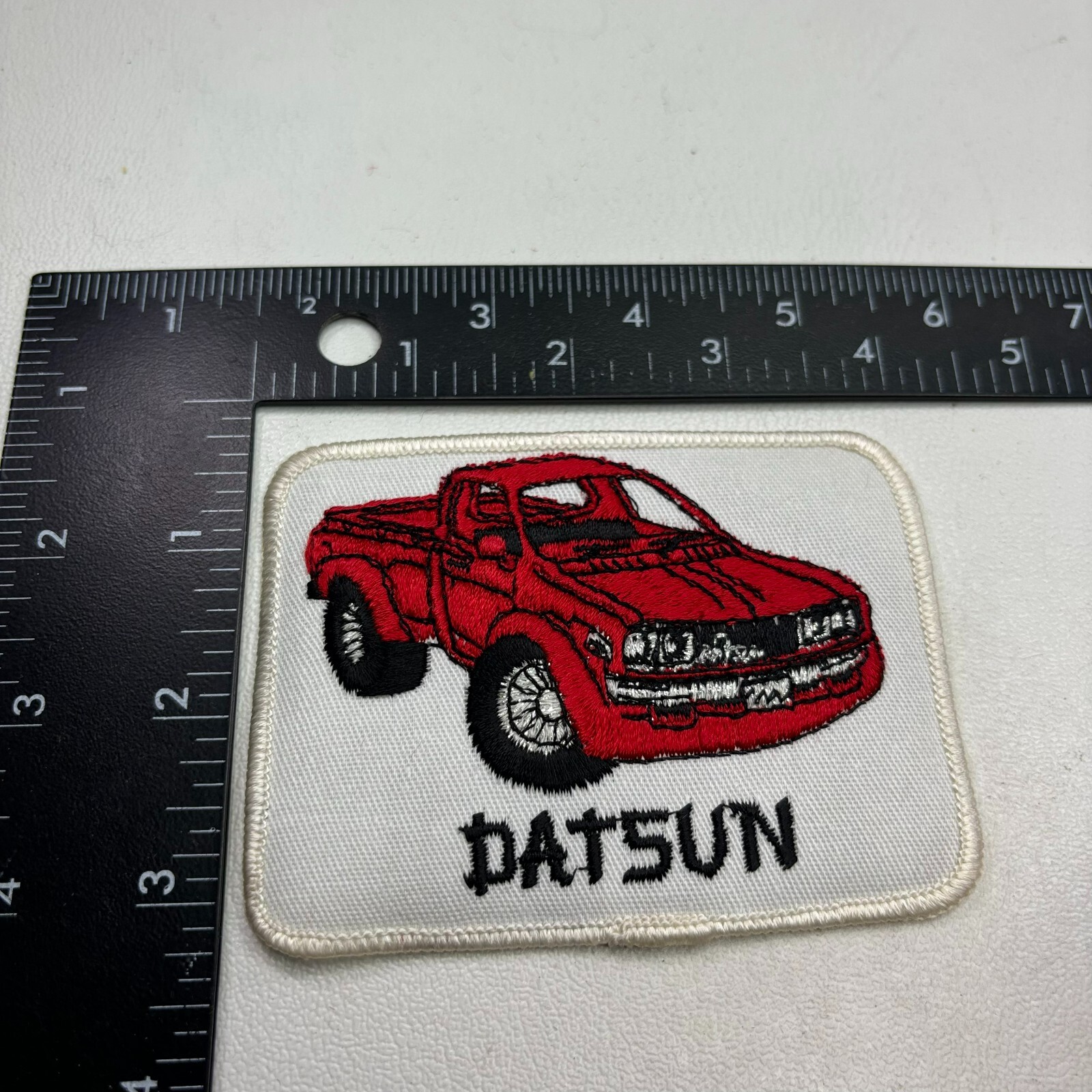 Vintage c 1980s FANCY RED DATSUN CUTE TRUCK Patch (Car Auto Truck Theme) 00DX