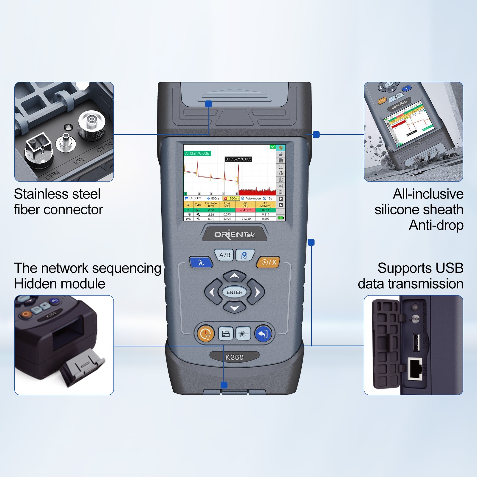 OrienTek K350 OTDR Tester SM/PON Wavelength Support Dual Wavelengths Testing