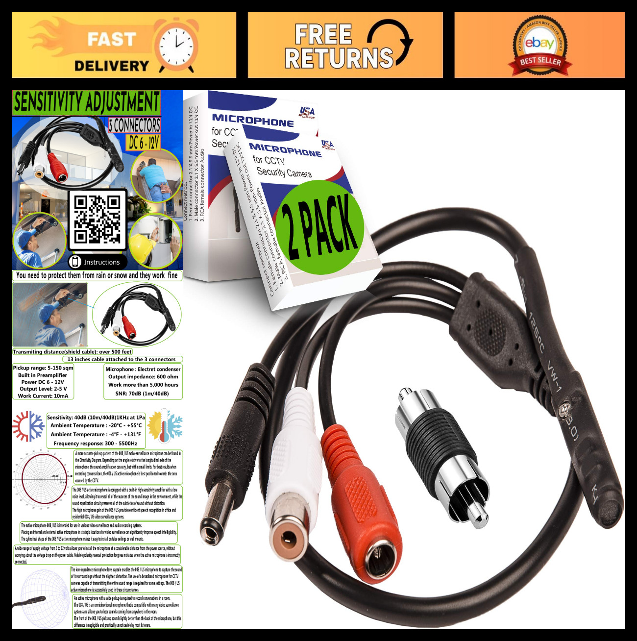 CCTV Microphone with Preamp RCA Audio Out 12V DC - Adjustable Gain for DVR/NVR/I