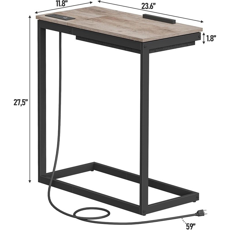 C Shaped End Table W/ Charging Station Adjustable Tilt Side Table USB Type-C