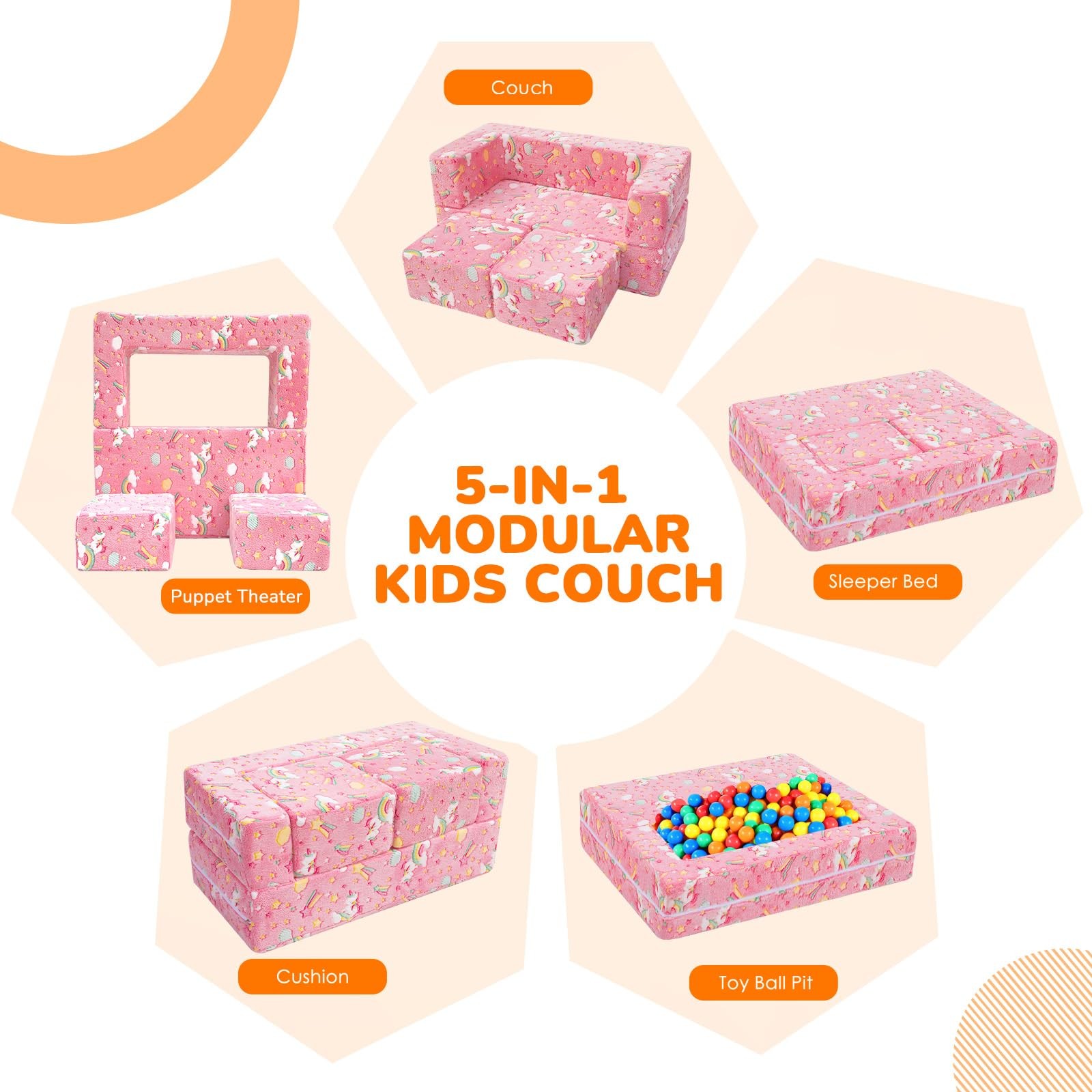 Colorful Unicorn Glow-in-the-Dark Kids Play Couch, Modular Toddler Couch that...