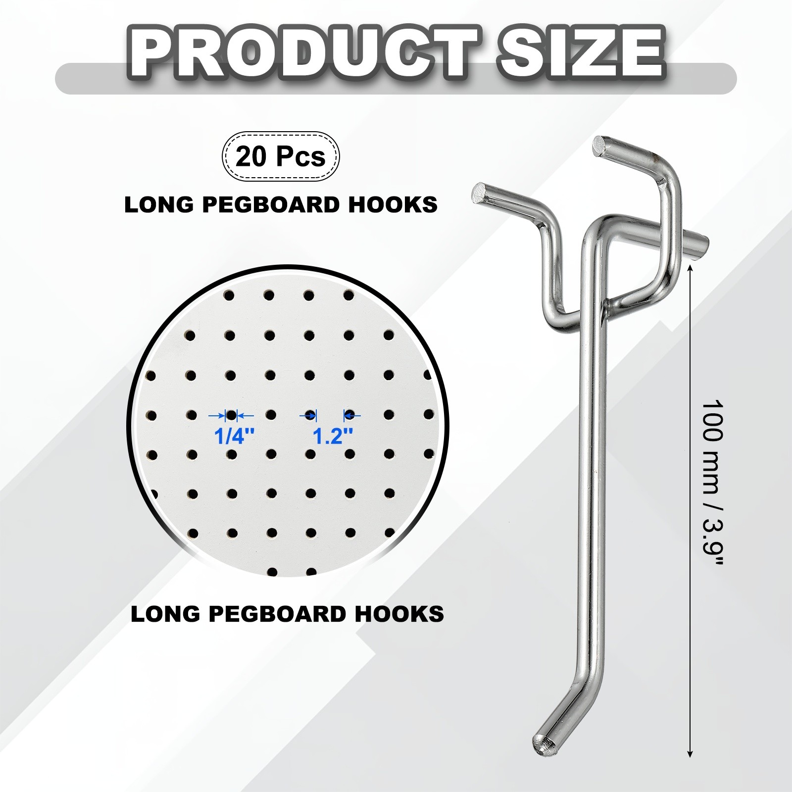20 Pcs Pegboard Hooks, 3.9" Peg Board Hooks Kit, Silver Tone (1.2mm)