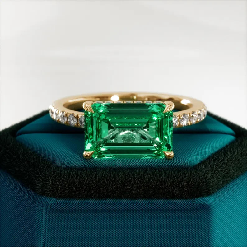 3.50CT Natural Green Emerald & Diamond Halo East West Ring 14k Yellow Gold SZ 9