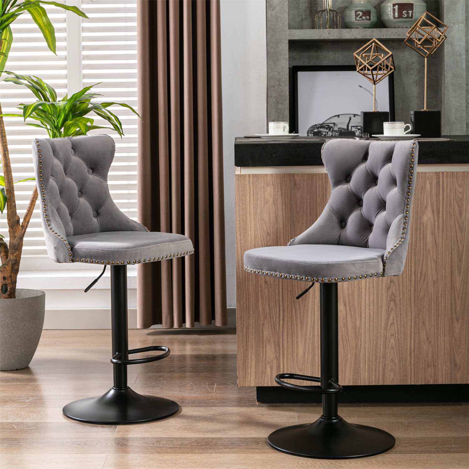 Set of 2 Gray Swivel Bar Stools Counter Height Adjustable Kitchen Dining Chair
