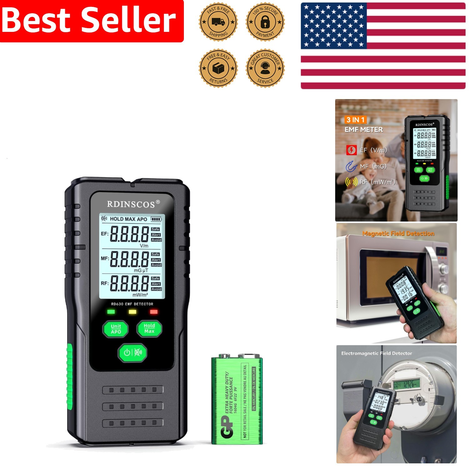 EMF Detector Meter Pro 3-Type Radiation Smart Home Office Tower Reader Alarm